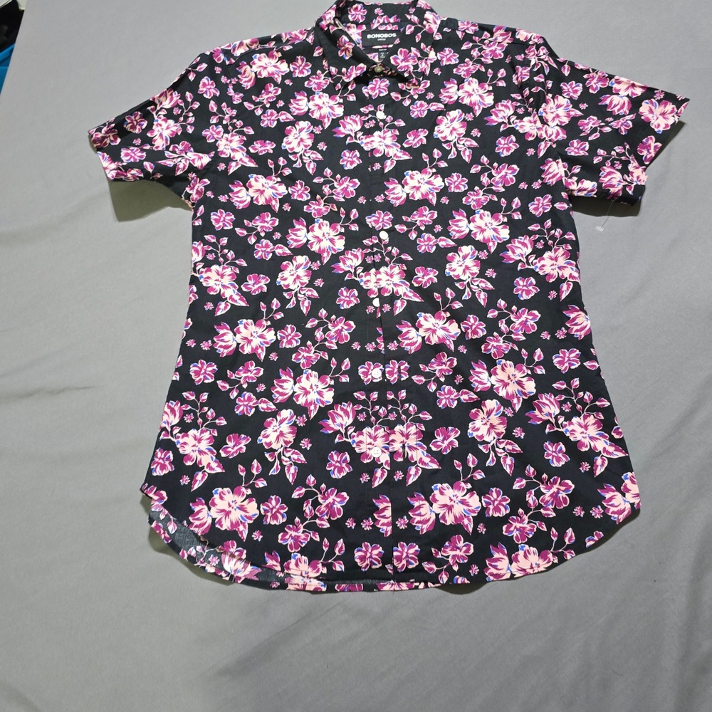 Bonobos Button Down Shirt Mens M Black Pink Floral Slim Fit Stretch Short Sleeve
